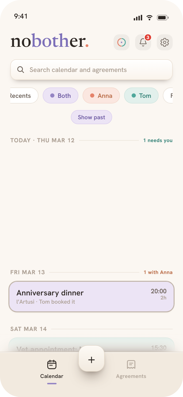 The nobother calendar: Anna's plans in coral, Tom's in teal, shared plans in lavender, and two evening plans marked as overlapping.