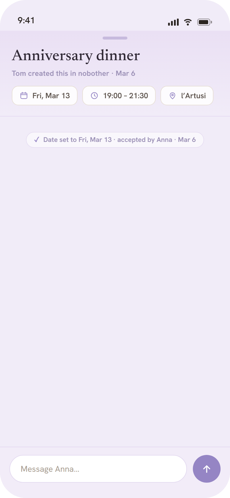 A plan opened in nobother: Tom and Anna chat about their anniversary dinner, and Anna's proposal to move it from 19:00 to 20:00 waits for an answer.
