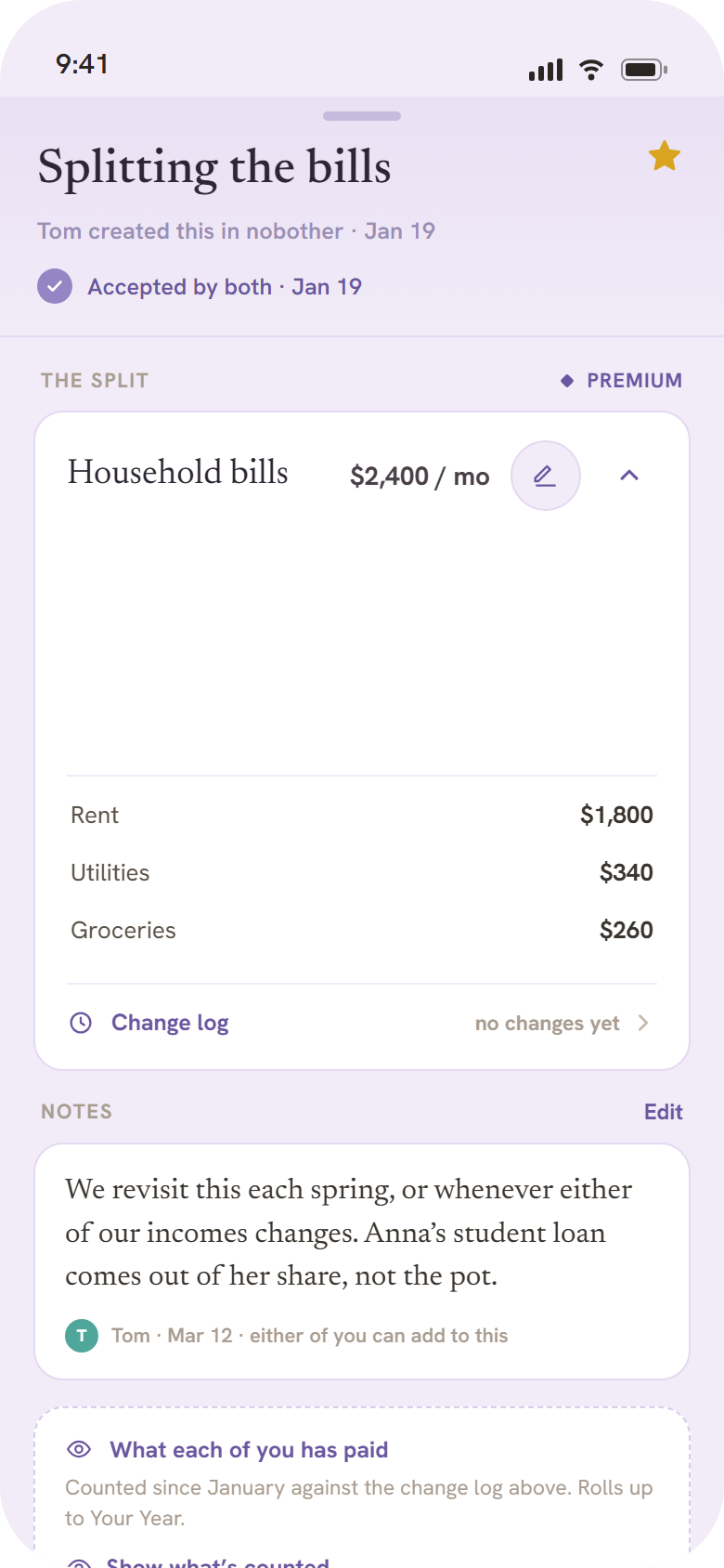 A Cost split agreement: household bills of $2,400 a month, split 60/40 between Tom and Anna.